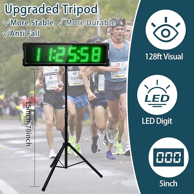 Large LED Display Digital Race Timer with Battery,Function-Countdown/Up/Time Clock, Remote Control, Tripod Stand and Adjustable Brightness for Sports Events, Races, Meetings, (Green)