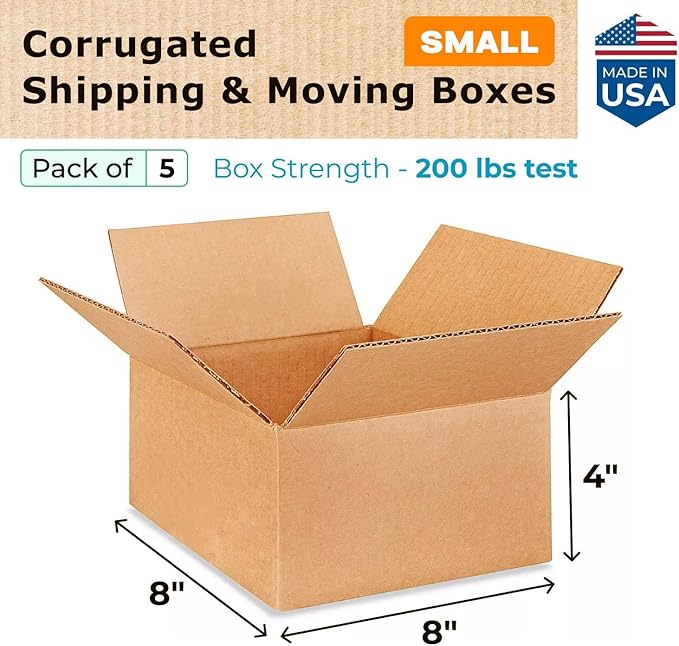 Small Moving & Shipping Boxes 8 x 8 x 4 inches (5-Pack) - Extra Strength 200 lb vs Regular - Corrugated Moving Boxes for USPS/UPS/FEDEX - Packing Box for Moving - Cardboard Box by IDL Packaging