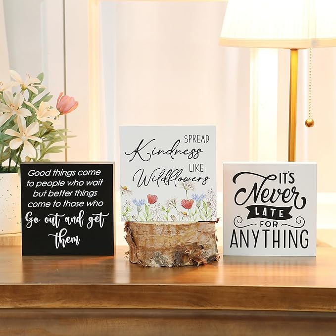 3 Pcs Inspirational Wood Box Sign Set, 5x5 Inches Motivational Quotes Wooden Blocks, Rustic Table Centerpiece Decorations