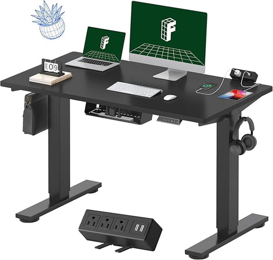 FLEXISPOT EN2 Whole-Piece Standing Desk with Clamp Power Strip, 48x24'' Electric Stand Up Height Adjustable Desk with Cable Management (Black Frame + 48" Black Table Top)