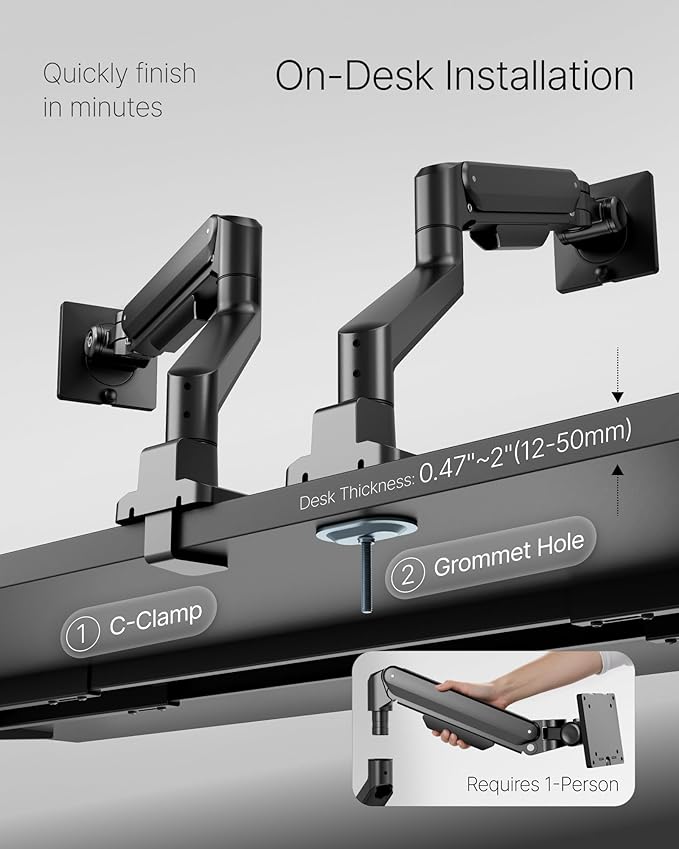 monTEK Deluxe Monitor Arm up to 40 Inch Holds 26.4 lbs Curved Screens Aluminum Fully Motion Adjustable Single Monitor Stand with Clamp/Grommet Desk Mount, Quick Release Plate,75/100mm VESA, MA1008BK