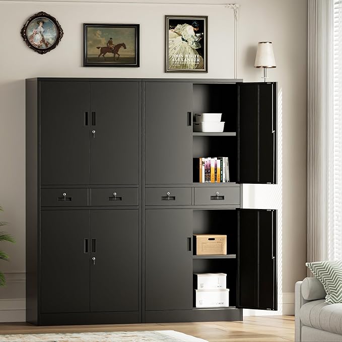 TaskStorz Metal Storage Cabinet, 71" Garage Storage Cabinet with 2 Locking Drawers and 2 Adjustable Shelves, Black Tool Cabinet, Lockable File Steel Cabinet for Home, Office, Gym, School