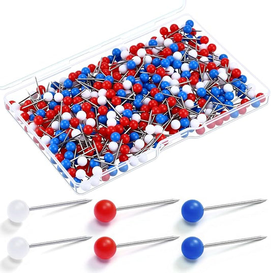 WILLBOND 500 Pack Map Push Pins Map Tacks Small Round Head Push Pins Thumb Tacks for Travel Picture Photo Bulletin Board Wall DIY Craft School Office Home(Red, Dark Blue, White,1/6 Inch)