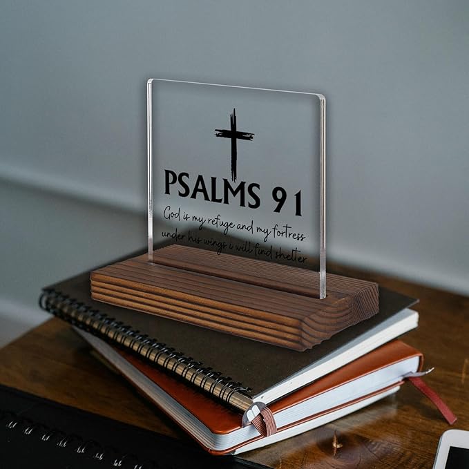 Psalm 91 Desk Sign, Christian Bible Verse Decor with Cross, God Is My Refuge and Fortress Gift for Women Men, Inspirational Faith Plaque for Office, Birthday, Baptism, Retirement, Christmas PA130