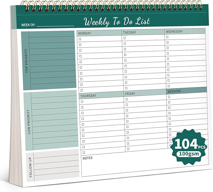 ALKALO 104 Pgs Weekly To Do List Notepad, 52 Duplex-Printed Undated Sheets 100 GSM（8.5"×11") Weekly Desk Planner For Work Home School Office Desk Accessories Supplies & Goal Setting Tasks - Green