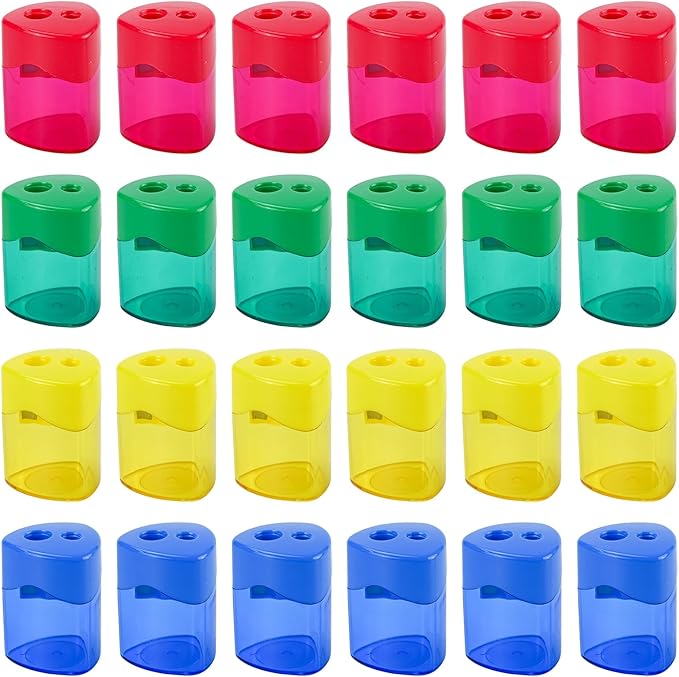 AUSTARK 24Pcs Pencil Sharpener Manual, Assorted Color Small Dual Hole Pencil Sharpeners Bulk with Lid for School Office Home (Triangle-24)