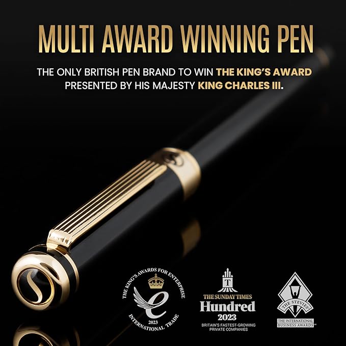 Scriveiner Luxury Fountain Pen - Stunning Black Lacquer Pen, Real Gold Finish, Schmidt Gilded Nib (Medium), Converter, Best Pen Gift Set for Men & Women, Professional, Executive, Office, Nice Pens