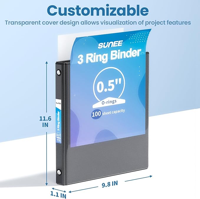 SUNEE 3 Ring Binders 1/2 Inch 12 Pack, Clear View Three Ring PVC-Free (Fit 8.5x11 Inches) for School or Office Supplies, Black