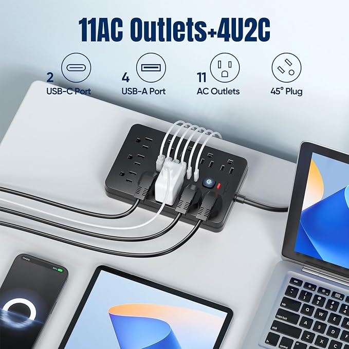 JouleLoom 15 FT Flat Plug Surge Protector Power Strip,11 Multiple AC Outlets with 6 USB Ports (2 USB C), 15 Feet Extension Cord, 1250W/10A, One Touch Switch Button, 17 in 1 Compact powerstrip