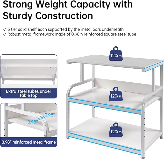Fannova Printer Stand, 32.3" x 18.9" x 32.1" Extra Large Printer Table with Adjustable Storage Shelf, 3 Tier Rolling Printer Cart with Industrial Wheels for Home Office, White