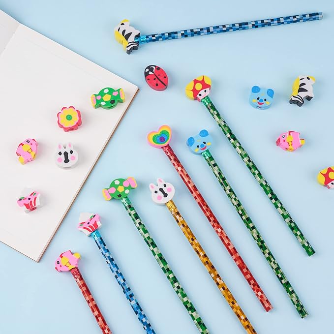 200 Pieces Cartoon Cute Animal Pencil Erasers Pencil Eraser Toppers Rabbit Zebra Mushroom Ladybug Pencils Caps for Students School Classroom Supplies
