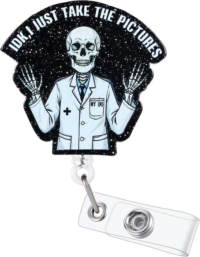 IDK,I Just Take The Pictures Funny Radiology Skeleton Nurse Badge Reel, Cute RT Retractable ID Card Badge Holder, Name Tag Badge Buddy for RN CT MRI RAD Nurse Nursing Student Radiologist X-Ray Tech