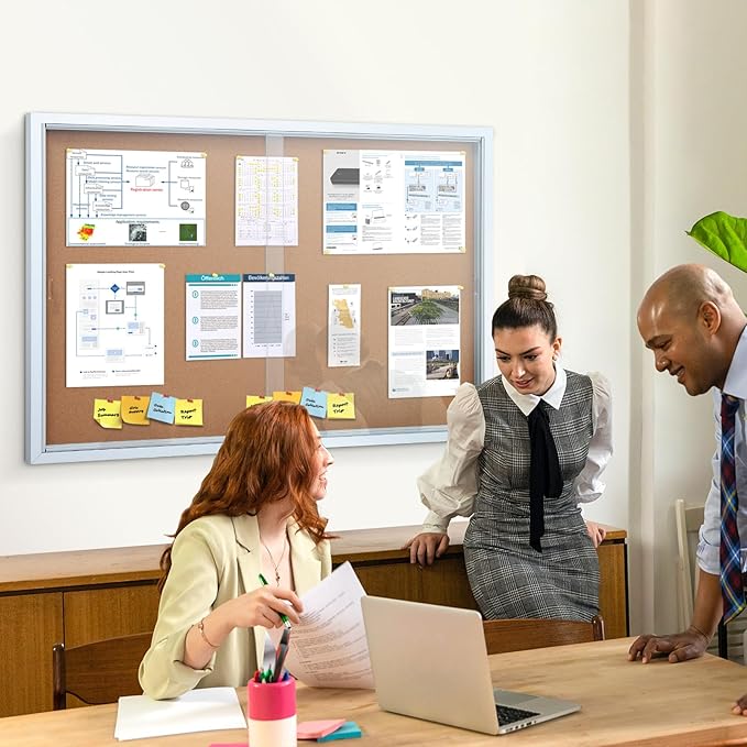 SWANCROWN Glass Enclosed Bulletin Board 48"x32", Locking Cork Board with Sliding Glass Doors for Indoor Use