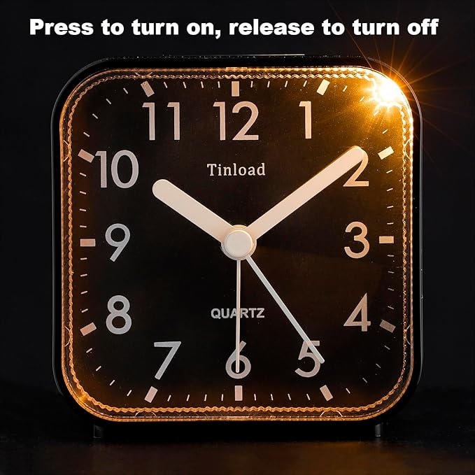 Tinload Small Battery Operated Analog Travel Alarm Clock Silent Non Ticking, Gentle Wake, Ascending Beep Sounds, Snooze,Lighted on Demand, Easy Set