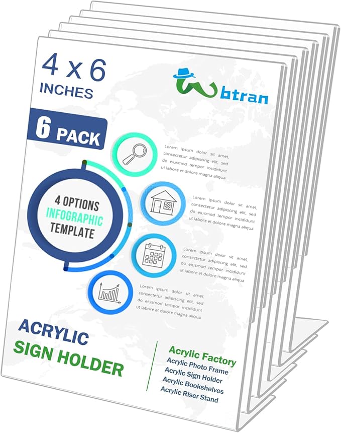 Wbtran Slanted Back Acrylic Sign Holder 4 x 6, Clear Tabletop Stands for Display, Plastic Paper Sign Holders for Office, Home, Restaurant (6 Pack)