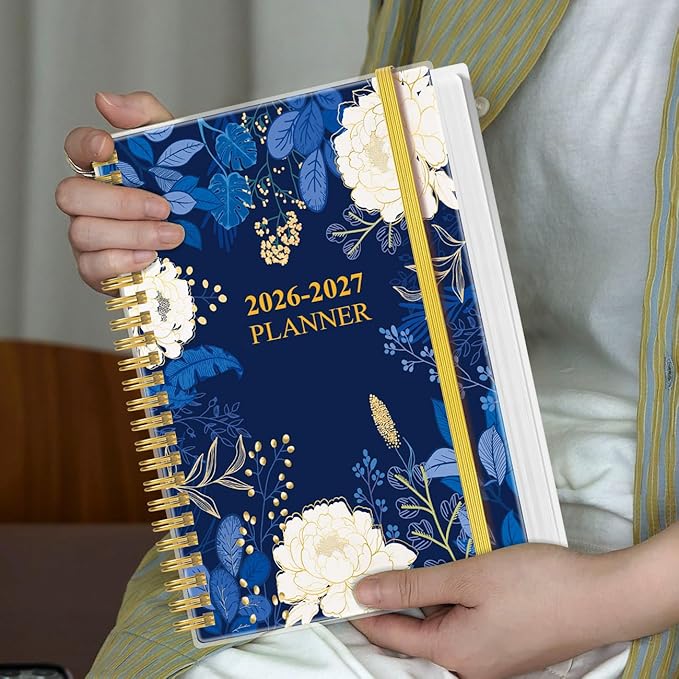 2026-2027 Planner - 18 Months Weekly & Monthly Planner from January 2026 - June 2027, Spiral Notebook 2026-2027 with Elastic Closure, Inner Pocket, Medium 5.8" x 8.3", Blue Leaf Flower