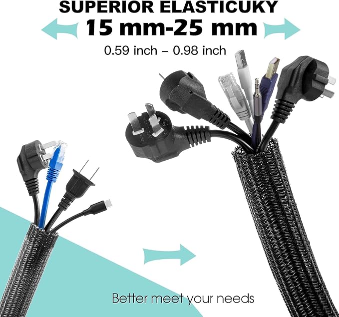 AGPTEK Cable Sleeve Cover, 10ft - 1 inch Desk Cord Organizer Cable Hider, Home Office Wire Management Computer TV Wire Loom Tubing, Pet Proof Cord Protector, from Cat Dog Chewing, Black