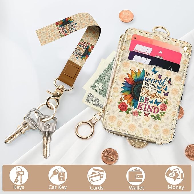bolimoss Lanyard Wallet with Be Kind Sunflower Badge Holder, RFID ID Card Holder with Detachable Phone Lanyard Wrist Strap, Cute Small Keychain Wristlet Wallet with Zipper Pocekt, Name Tag Holder