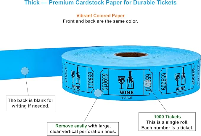 Tacticai 1000 Raffle Tickets, Wine, Blue, Single Roll, Ticket for Events, Entry, Reward, Fundraiser & Prizes