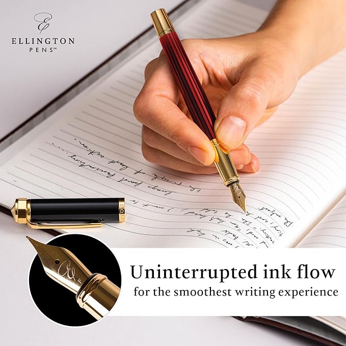 Ellington Pens Luxury Fountain Pen Set - Smooth Fine Nib - Includes 3 Ink Cartridges, Refillable Ink Converter, Gift Box-Fountain Pens For Writing, Calligraphy, Journaling, Sketching (Crimson Blend)