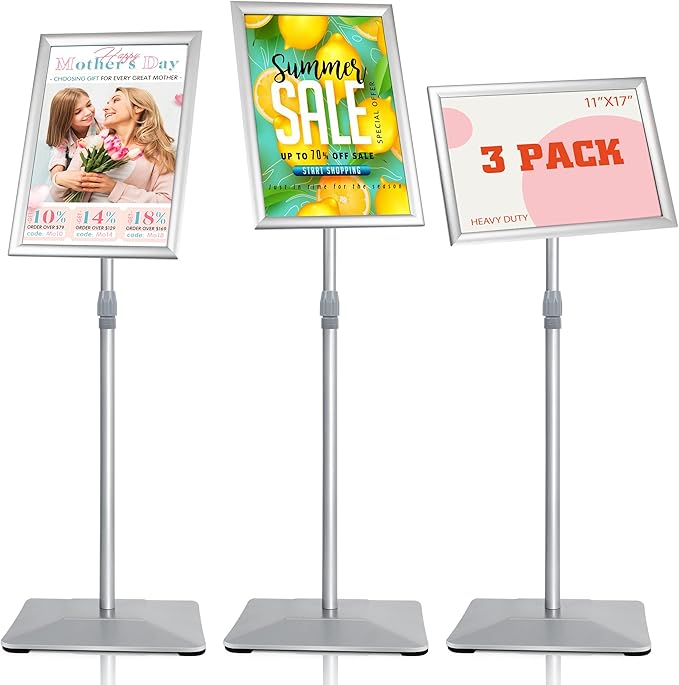 VAIIGO 11"x17" Pedestal Poster Stand with Heavy Duty Solid Steel Base, Adjustable Floor Standing Sign Holder for Vertical and Horizontal Display, Silver 3Pack
