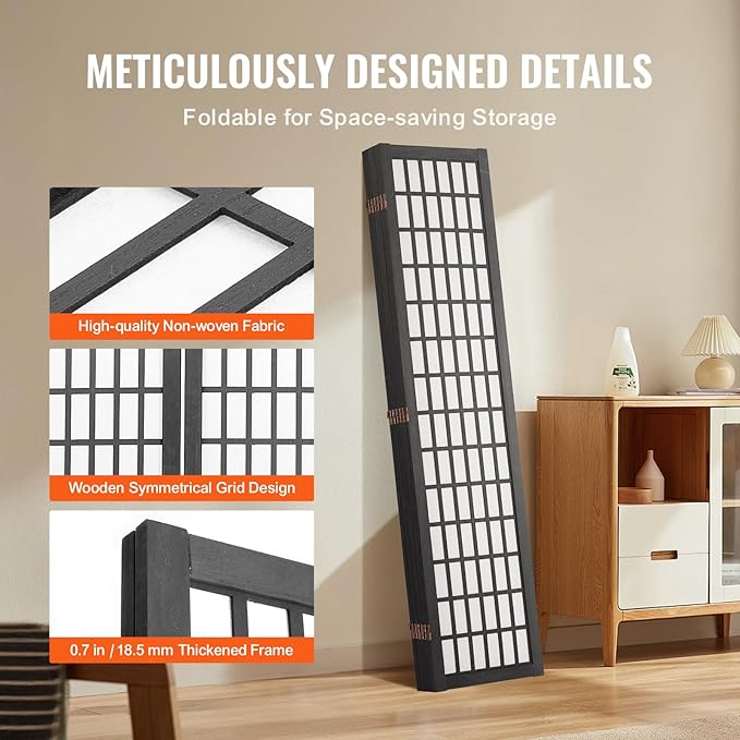 VEVOR Room Divider, 6 Panel Japanese Room Divider, Folding Privacy Screen Indoor, Portable Partition Dividers and Decoration Screens, for Room Separation, Home, Office, Restaurant & Bedroom (Black)