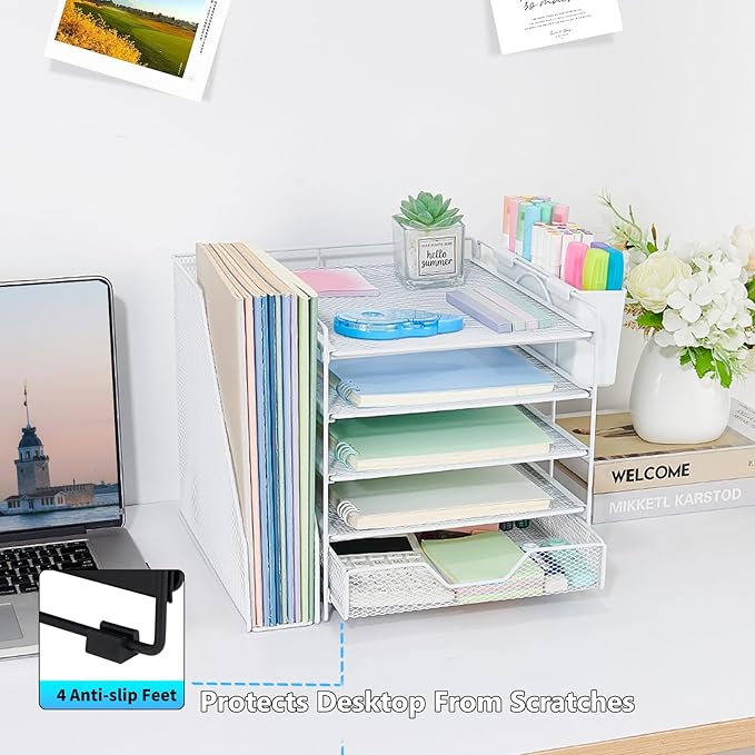 Gugsey Desk Organizer, 5-Tier Paper Letter Tray Organizer with File Holder, Drawer and Pen Holder, Desktop Organizer for Office Supplies, White