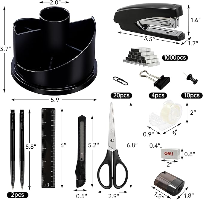 deli Office Supplies Set, 1045 Pcs-Desk Accessory Organizer Kit, Stapler Set, Rotating Multi-Functional Pen Holder, Tape Dispenser, Pens, Binder Clips, Sharpener, Scissor, Eraser, Black