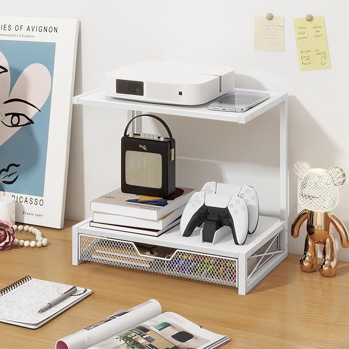 ELITEROO Printer Stand for Desk with Storage Drawer, 2 Tier Desktop or Under Desk Shelf, Wood Desktop Organizer for Home Office, Fits 3D Printer, Scanner, Fax Machine, Cricut, White