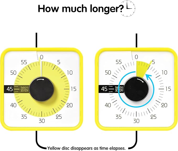 TWENTY5 SEVEN Countdown Timer 7.5 inch; 60 Minute 1 Hour Visual Timer – Classroom Teaching Tool Office Meeting, Mechanical Countdown Clock for Kids Exam Time Management Magnetic, Yellow