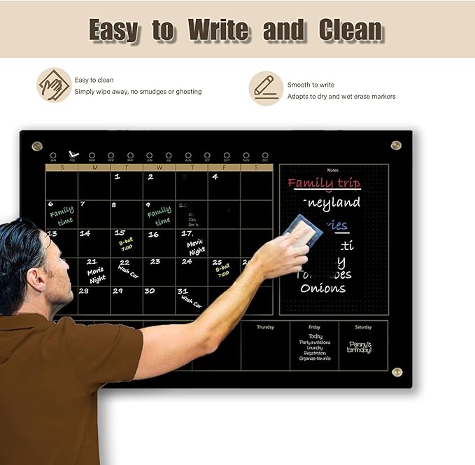 Black Glass 3-1 Monthly Dry Erase Calendar Whiteboard for Wall,24"x 36",Frameless Mounting,Office/School/Home, Frameless Large Planner White Board