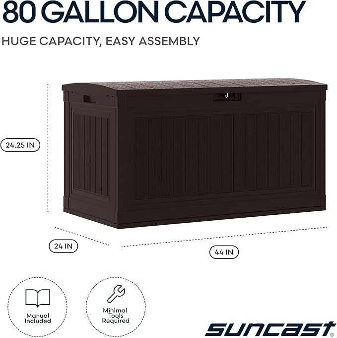 Suncast 80-Gal. Waterproof Resin Large Outdoor Patio Deck Box with Pad-Lockable Lid, Modern Outdoor Patio Bench/Storage Box for Cushions, Garden Tools, and More, Java