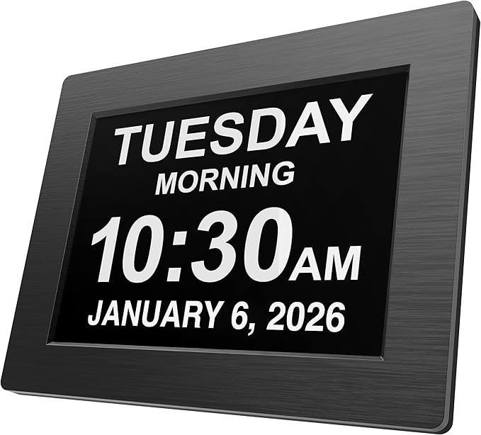 American Lifetime Large Digital Wall Clock for Seniors, Black Polished, 8-Inch High Resolution Display, Easy to Read, Customizable Alarms, Auto-Dimming, Multi-Language Support, Battery Backup