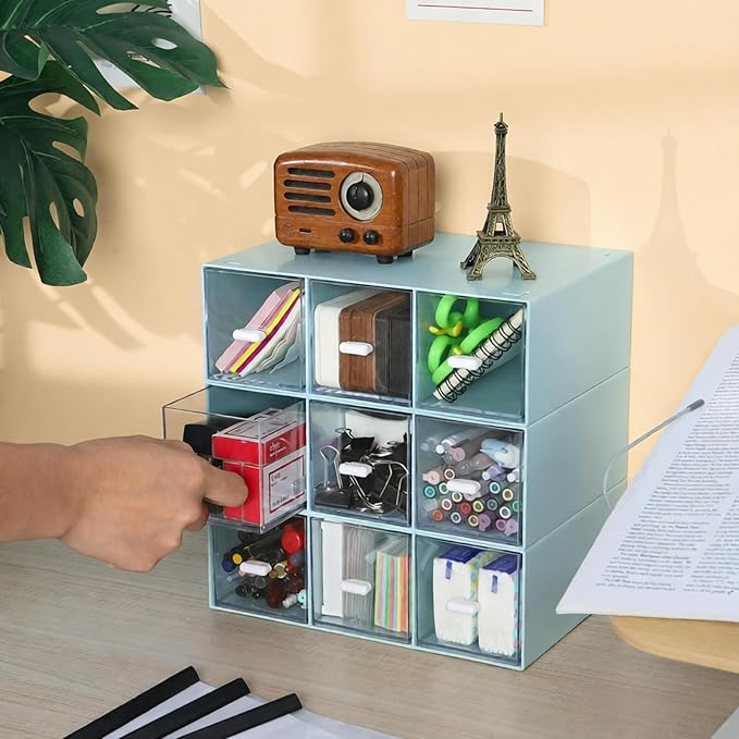 OSteed Desktop Drawers, Desk Organizer with 6 Drawers, Stackable Plastic Storage Box for Home Collection, Cosmetics, Jewelry, Office Supplies (2 Tall Layers, Blue)