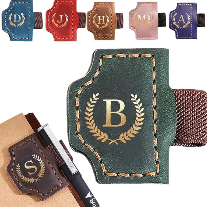 Personalized Mark Bookmark with Pen Holder, Leather Magnetic Book Marker 26 Letters,Custom Initials Page Marks, Gifts for Book Lovers Readers Men Women (Green, B)