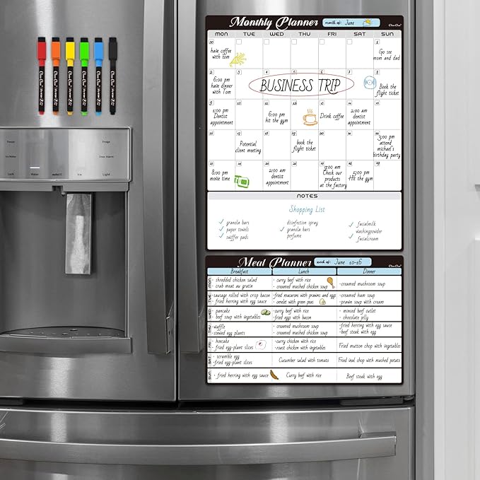Magnetic Dry Erase Monthly Calendar Set - 15.5"x13" Monthly Calendar and 8.5"x13" Menu Board for Fridge - 6 Extra Fine Point Markers Included - Shipped Flat