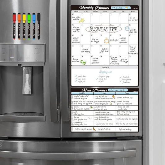 Magnetic Dry Erase Monthly Calendar Set - 15.5"x13" Monthly Calendar and 8.5"x13" Menu Board for Fridge - 6 Extra Fine Point Markers Included - Shipped Flat