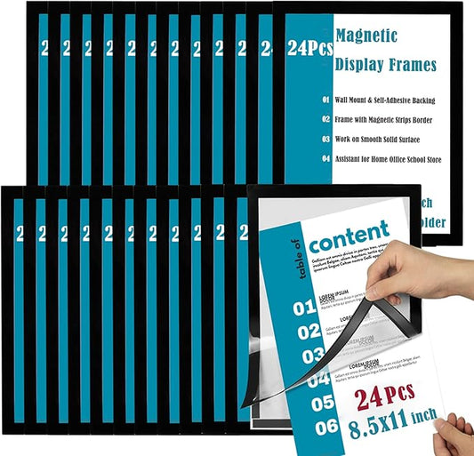 JIUYE 24Pcs 8.5x11 Magnetic Sign Holder Wall Mount,Self-Adhesive Plastic Display Frames,Clear PVC Sign Holder with Magnet Strip Border for Window/Door/Fridge/Document Notice Paper,Black