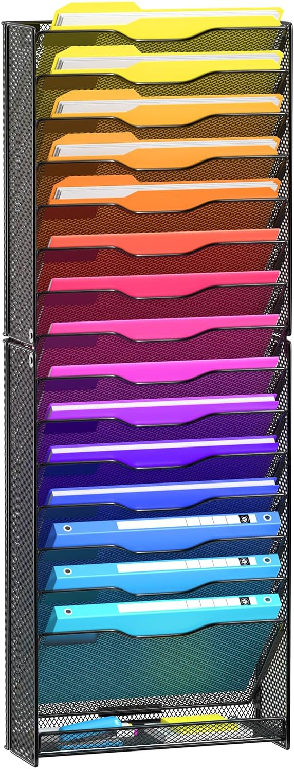 VEESUN Wall File Organizer, 16-Tier Mesh File Holder, Vertical Document Rack For Home, School, and Office Use (Black)