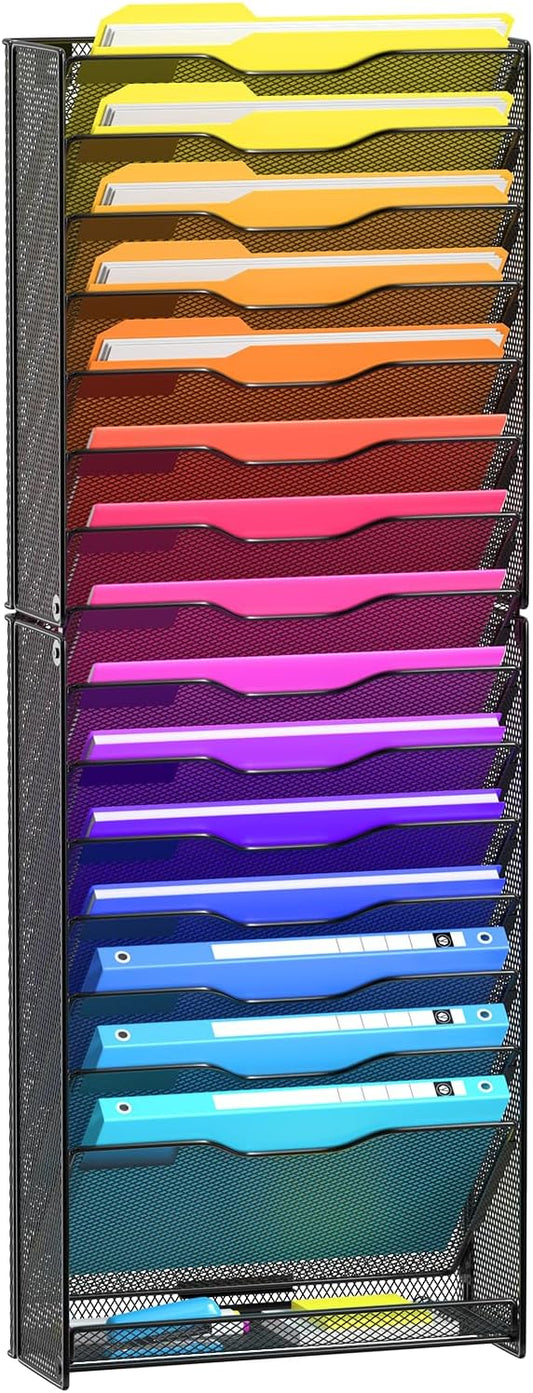 VEESUN Wall File Organizer, 16-Tier Mesh File Holder, Vertical Document Rack For Home, School, and Office Use (Black)
