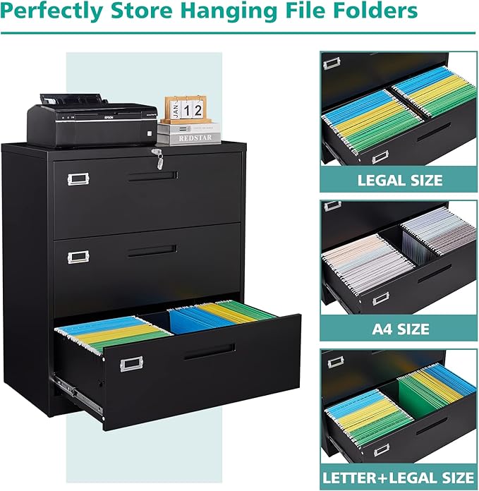 MIIIKO Lateral File Cabinet with Lock, 3 Drawer Lateral Filing Cabinet, Large Deep Drawers Locked by Keys, Metal Storage File Cabinet for Hanging Files Letter/Legal/F4/A4 Size