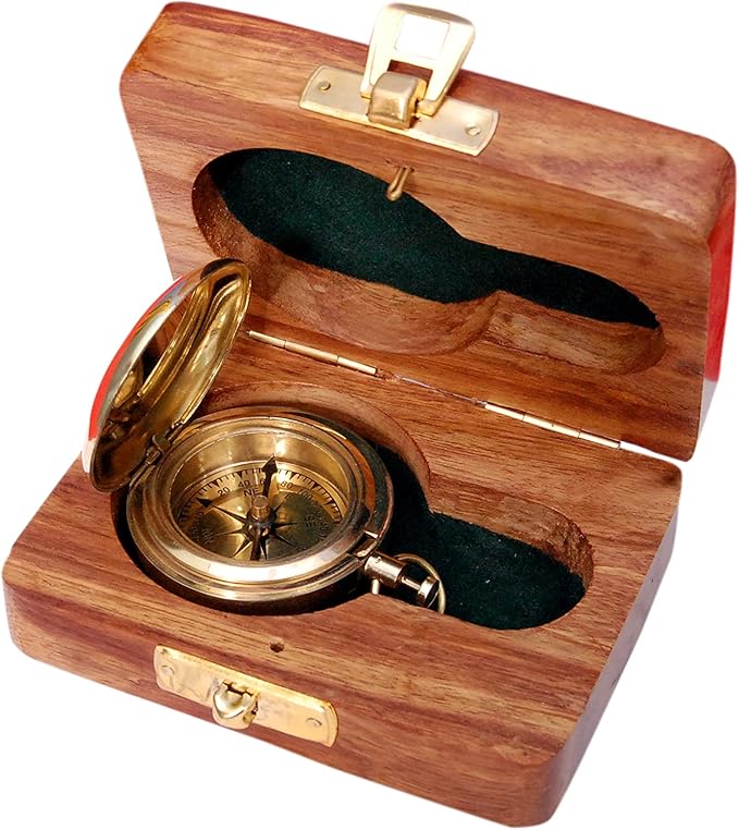 Bazross Brass Nautical Compass with Wooden Case - Antique Brass & Copper Sun Clock for Camping, Hiking, Touring - Engraved Gift for Him - Nautical Clock - Compass Gift