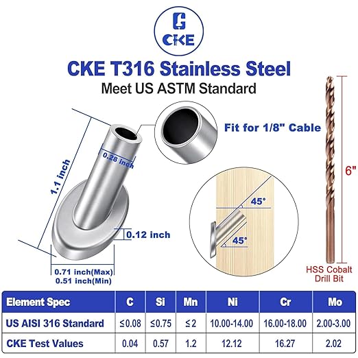 [Patent Design] CKE 20 Pack 45 Degree Angle Beveled Protector Sleeves, Wood Post Protector for 1/8" Cable Railing, T316 Marine Grade Stainless Steel Cable Railing Hardware with a Free Drill Bit