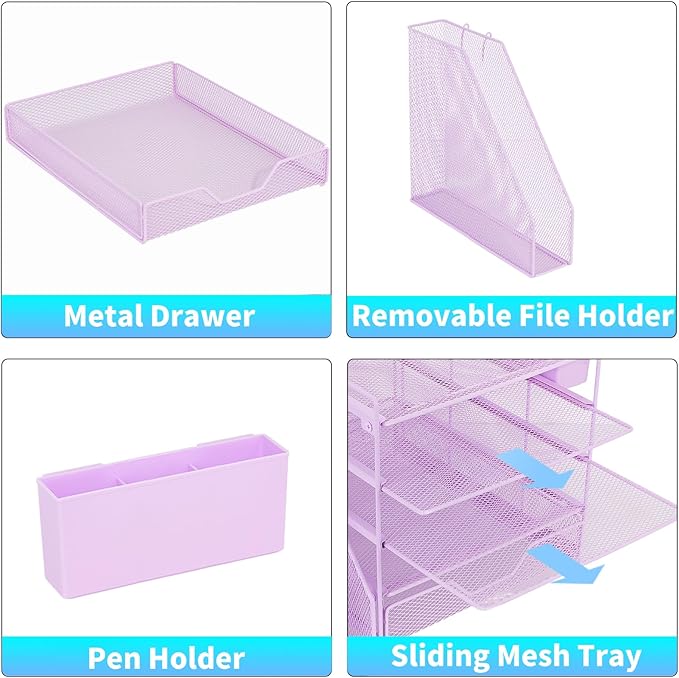 Gugsey Desk Organizer, 5-Tier Paper Letter Tray Organizer with File Holder, Drawer and Pen Holder, Desktop Organizer for Office Supplies, Purple