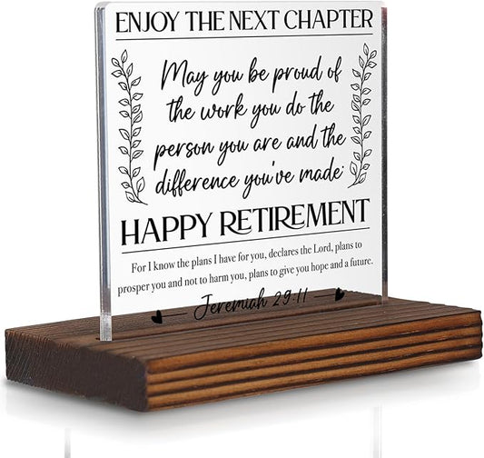Happy Retirement Acrylic Desk Sign with Bible Verse, Christian Gift for Women Men, New Chapter Inspirational Plaque, Religious Office Decor, Farewell Keepsake for Coworker Friend Parent PA122