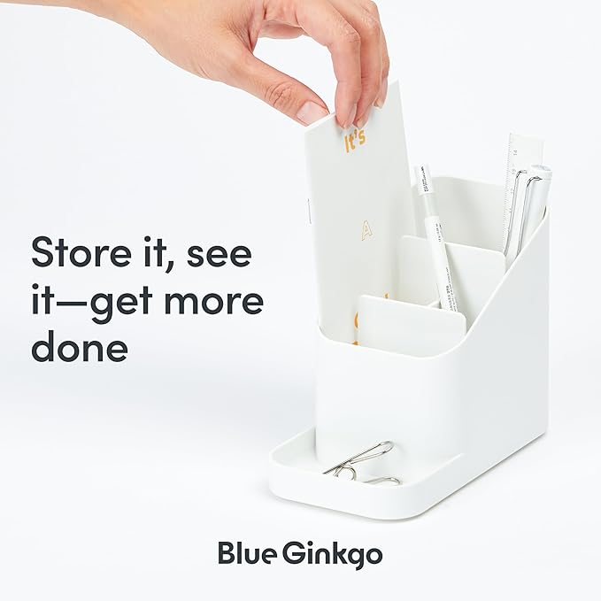 BLUE GINKGO Desk Holder – Korean-Made Office Organizer for Pencils, Pens, Notes, and Desk Supplies (White)