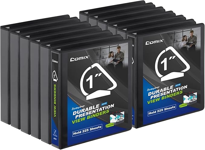 Comix D-Ring Basic View Binder 1 inch 3 Ring Binders, 2.4mm-Thick, Hold 225 Sheets of 8.5" x 11" Paper, 12 Pack (Black)