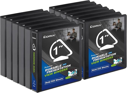 Comix D-Ring Basic View Binder 1 inch 3 Ring Binders, 2.4mm-Thick, Hold 225 Sheets of 8.5" x 11" Paper, 12 Pack (Black)