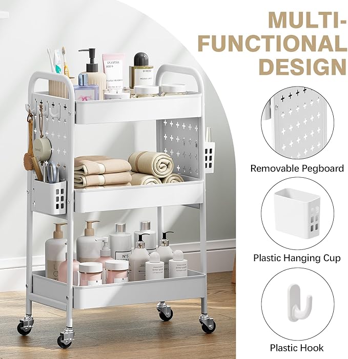 KINGRACK 3 Tier Rolling Cart with DIY Hanging Board, Metal Rolling Utility Cart with Wheels Handles Baskets Hooks, Rolling Storage Cart Suitable for Bathroom, Kitchen, Office, Nursery Diaper (White)