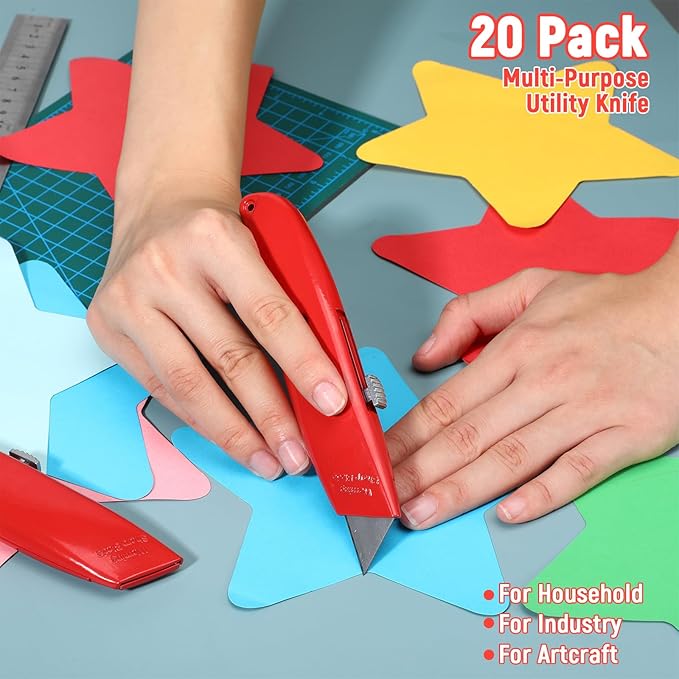 20 Pcs Retractable Utility Knife, Box Cutter Aluminum Alloy Carpet Knife Heavy Duty Utility Knives Sharp Razor Blade for Cardboard Box Cartons Opener DIY Home Office (Red)